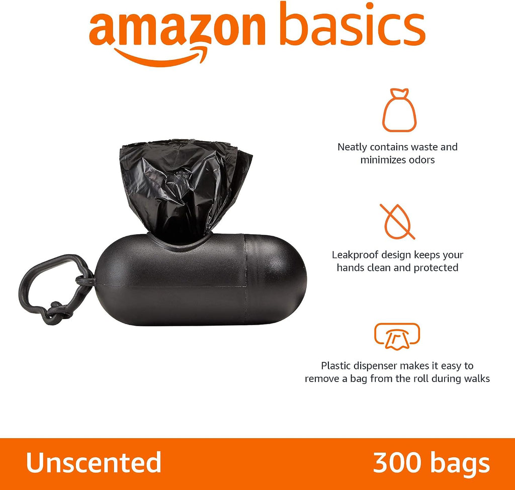 Amazon Basics unscented pet waste bags roll being pulled out from the matching leash dispenser.