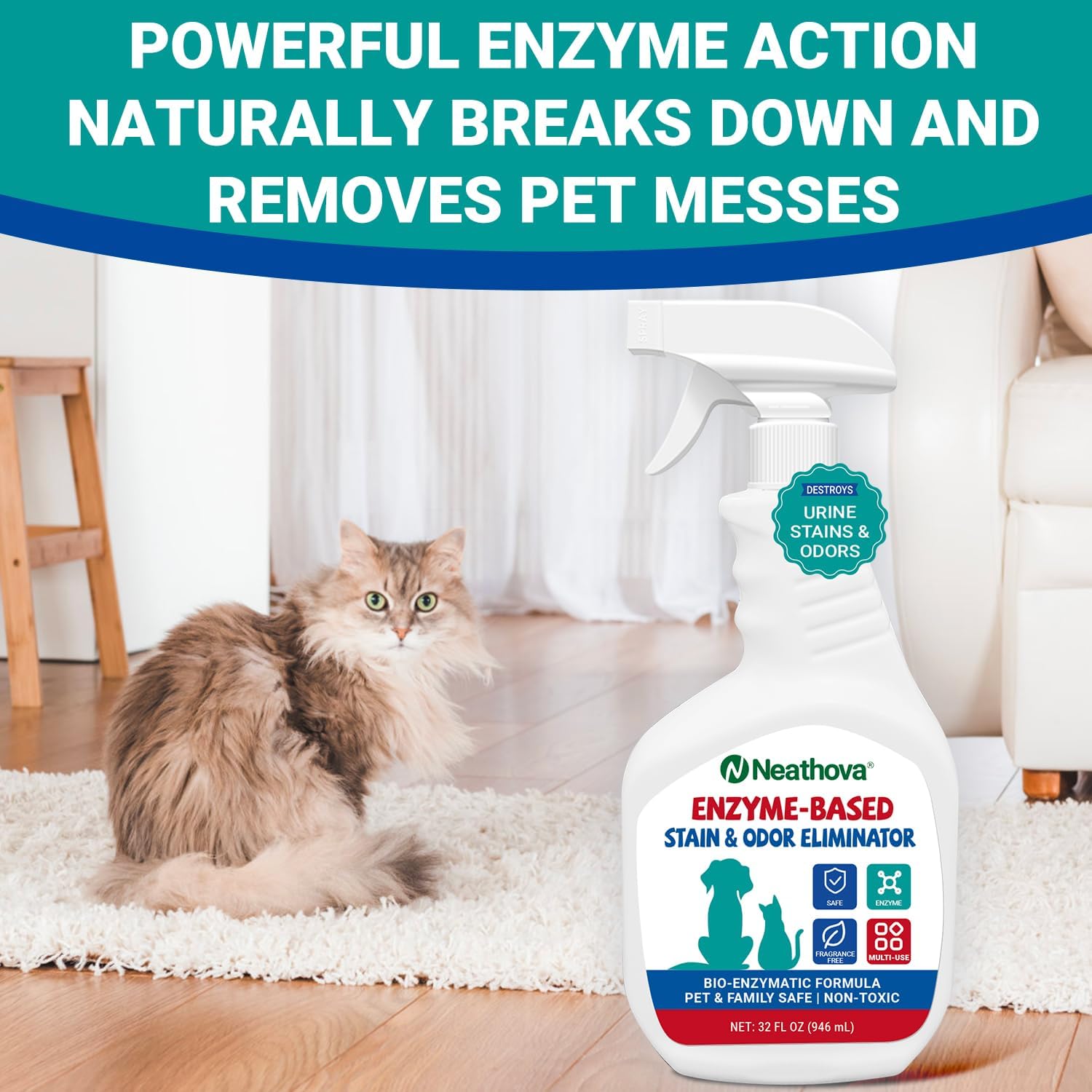 Non toxic pet odor eliminator safe for home family use.