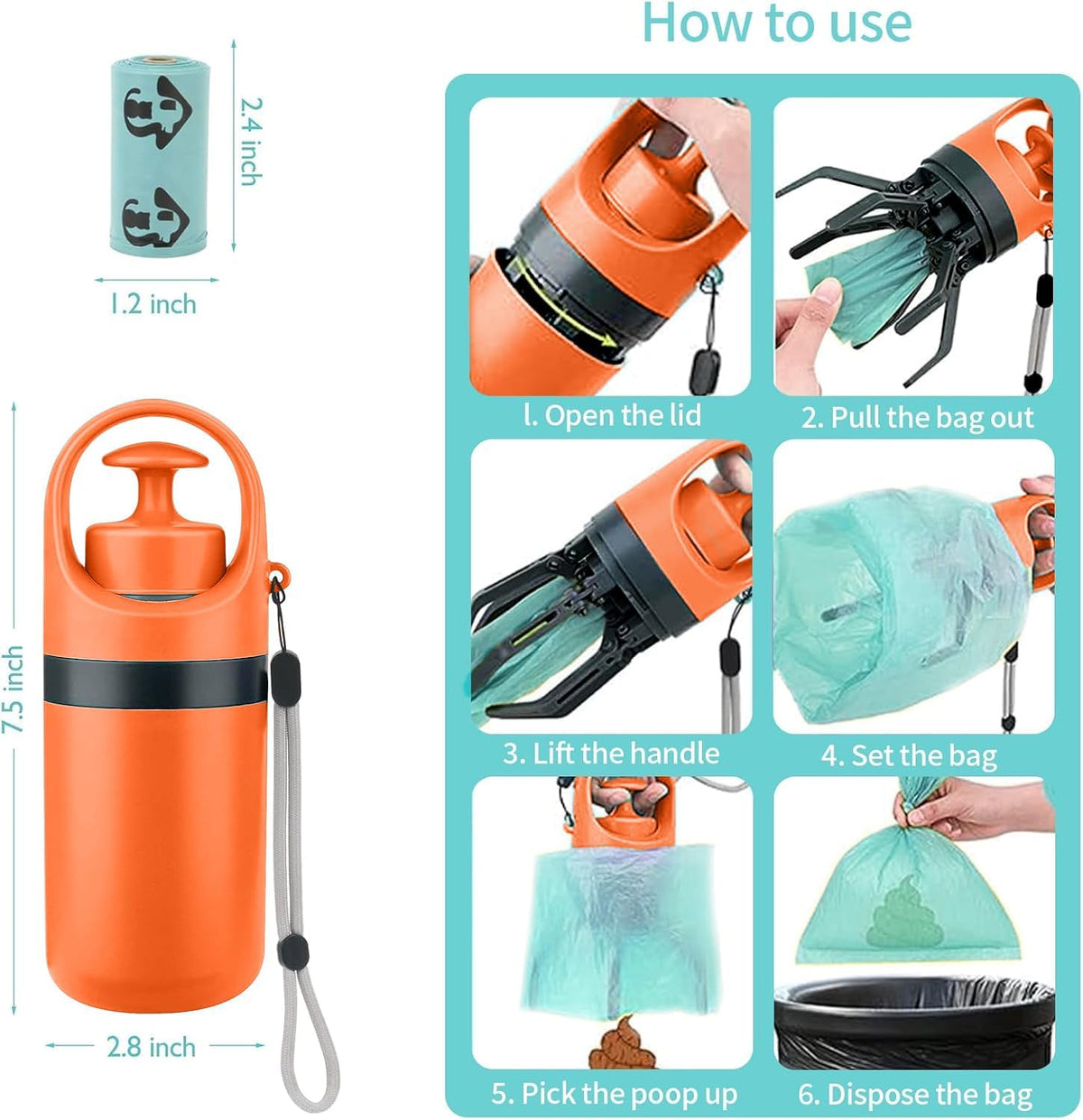 Portable pet waste picker with built-in bag dispenser being used on a grass lawn.