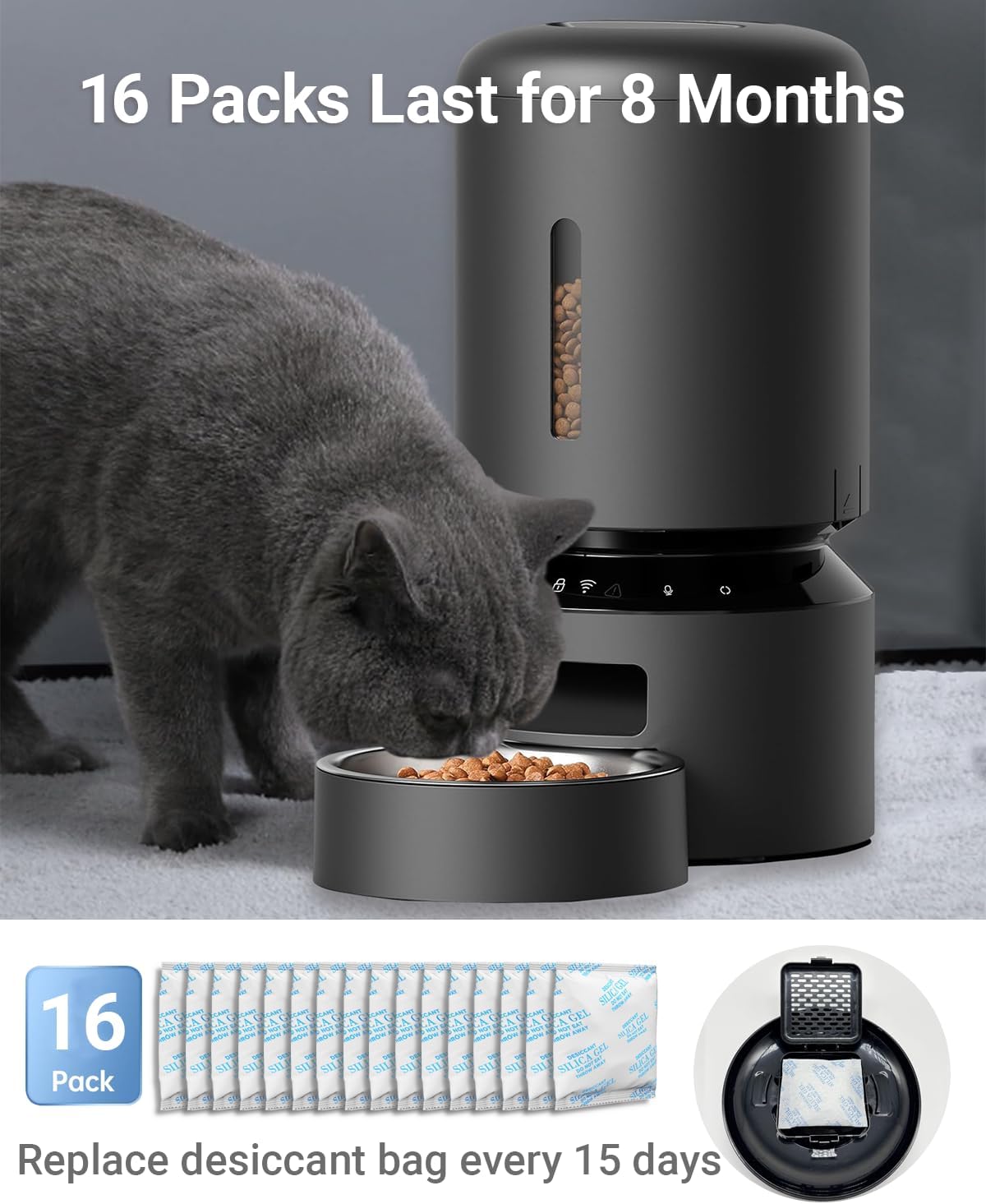 Desiccant bags inside pet food container for moisture control