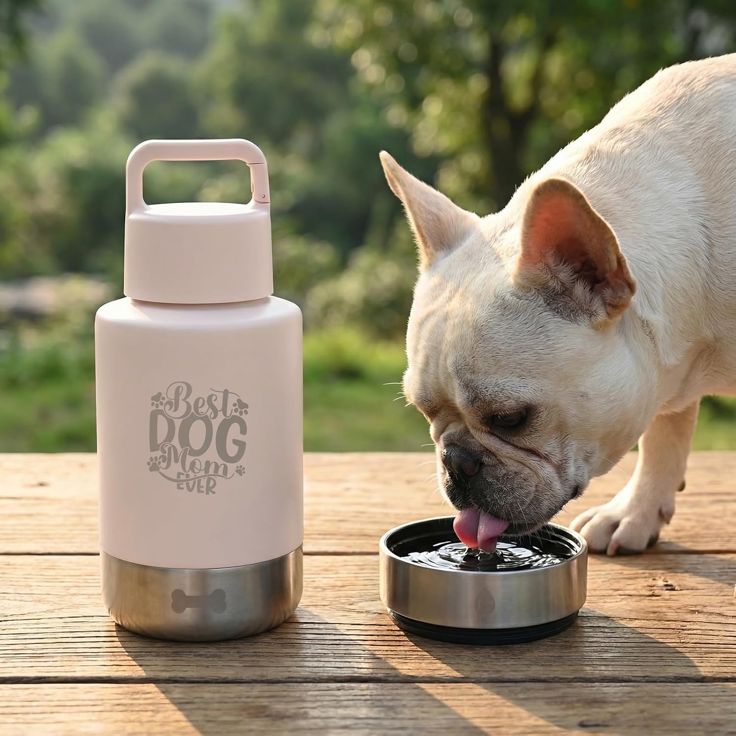 FUYEC 32 ounce stainless steel dog flask standing outdoors next to a medium sized dog