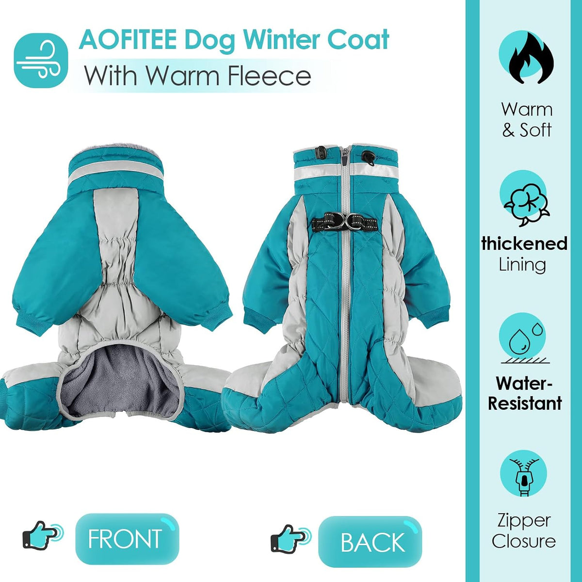 AOFITEE Fullbody Dog Coat Warm Fleece Dog Jacket, Windproof Dogs Winter Coat with Harness Built in, Reflective Turtleneck Dogs Snowsuit Puffer Jacket, Four Legged Snow Suit for Small Medium Large Pet - Image 3