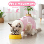 Cat in recovery suit using litter box comfortably