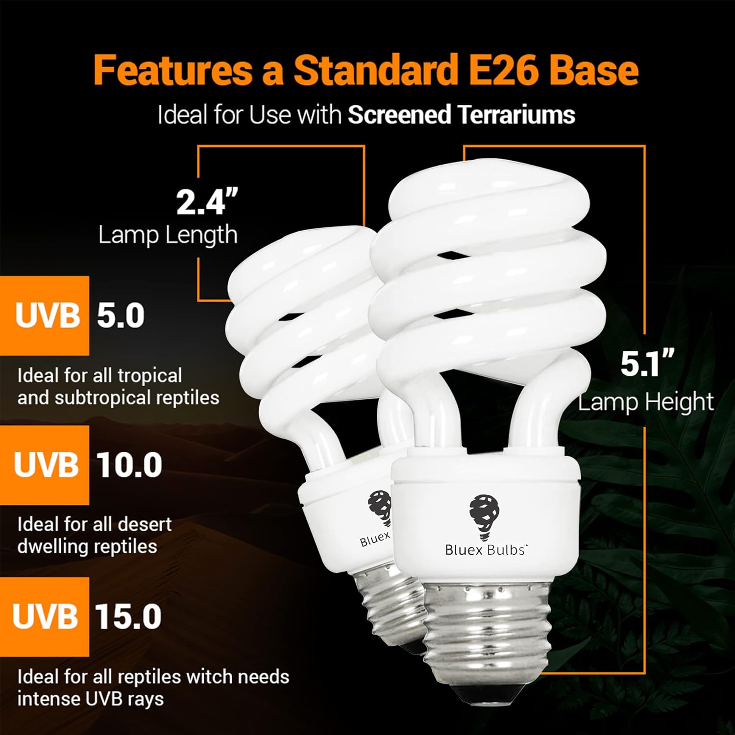 Bluex Bulbs compact fluorescent terrarium lamp showing standard E27 screw base connection.