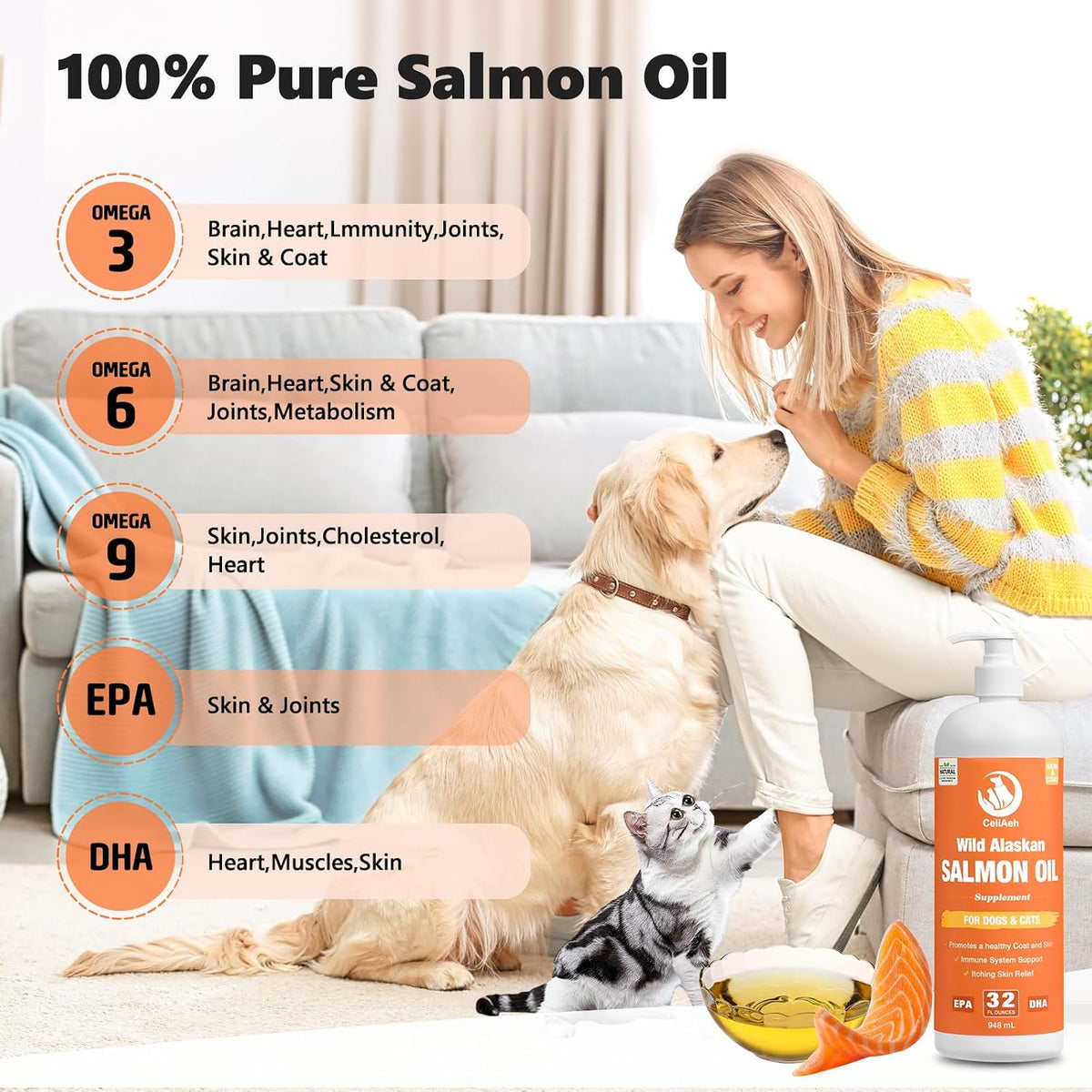 Pure Omega 3 6 9 liquid fish oil pet skin and coat supplement
