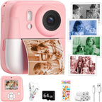 Minibear kids camera instant print pink front view showcasing dual lens setup and printing slot.