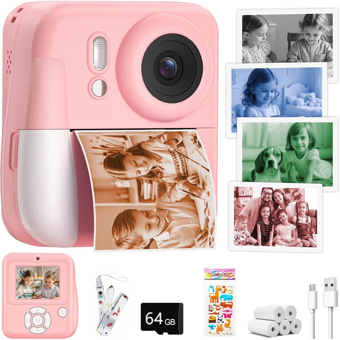 Minibear kids camera instant print pink front view showcasing dual lens setup and printing slot.