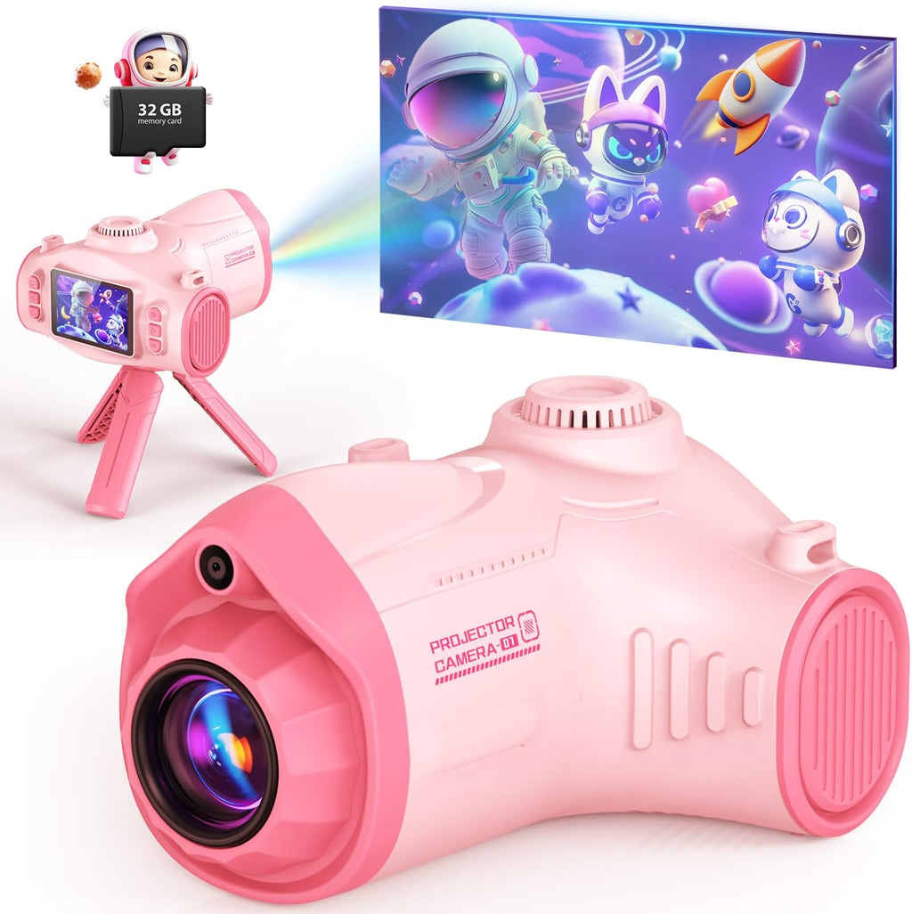 Uffylle kids camera with projector front view showing pink spaceship design