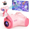 Uffylle kids camera with projector front view showing pink spaceship design