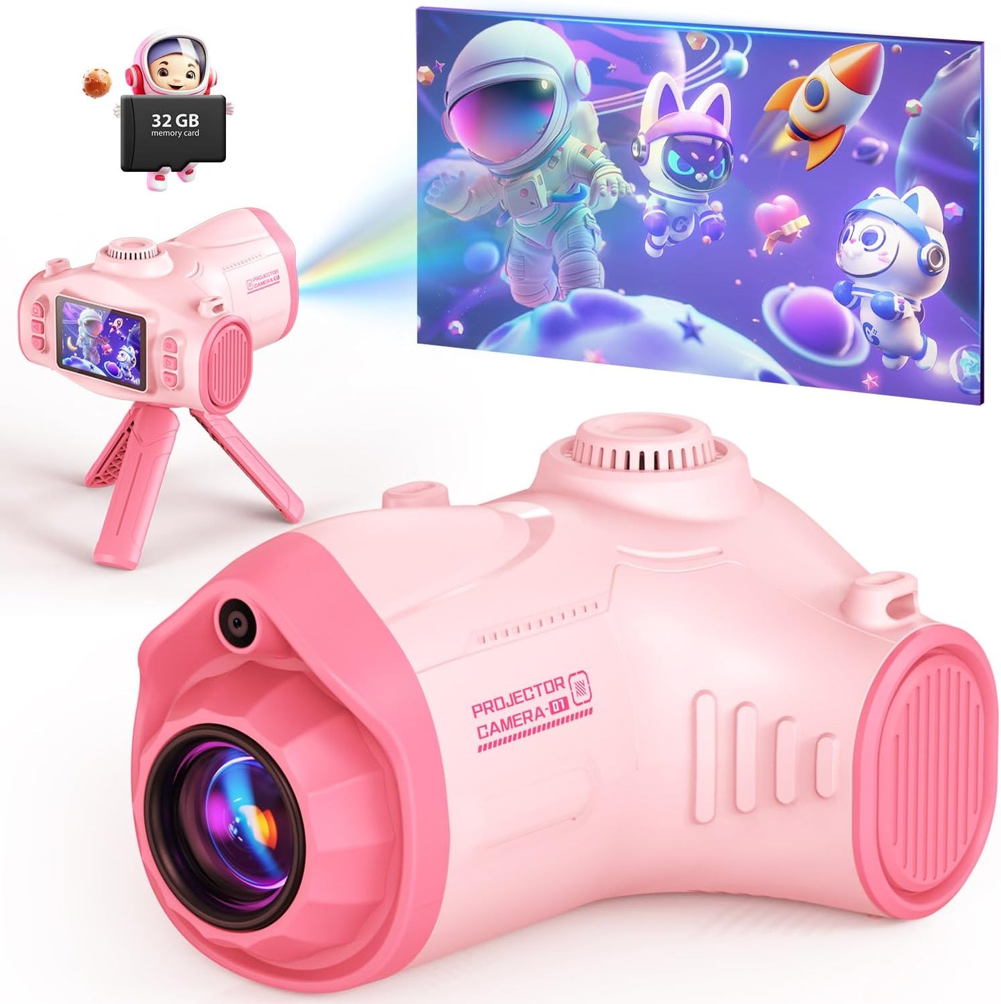 Uffylle kids camera with projector front view showing pink spaceship design