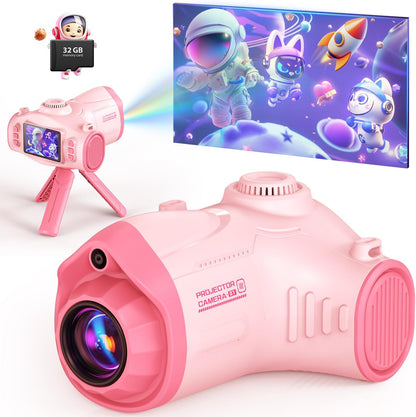 Uffylle kids camera with projector front view showing pink spaceship design
