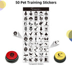 Sheet of fifty transparent and white pet action text stickers for labeling communication buttons.