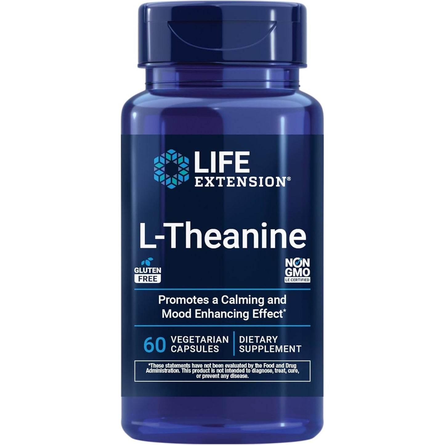 Life Extension L-Theanine 200 mg bottle front view for stress relief.