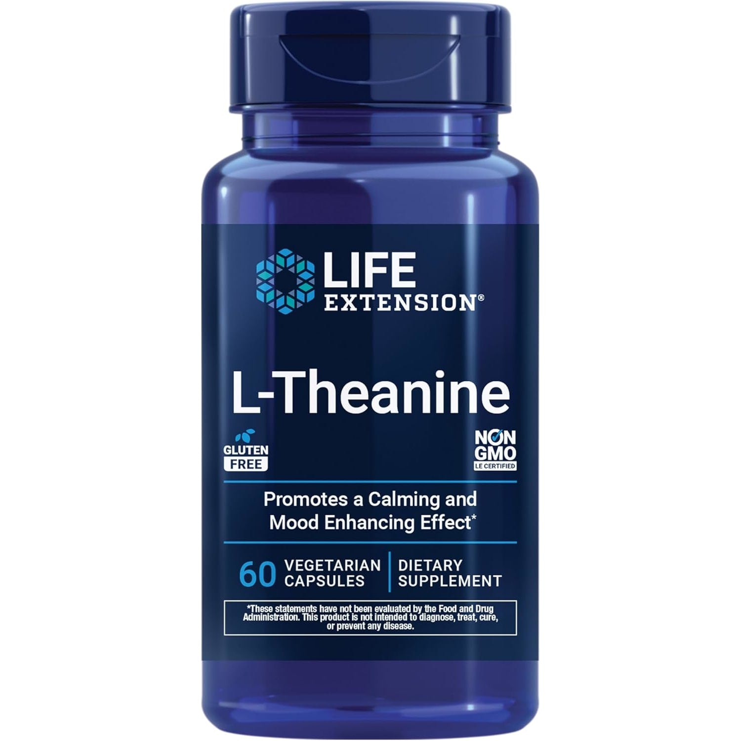 Life Extension L-Theanine 200 mg bottle front view for stress relief.
