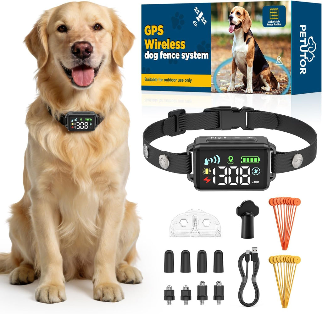 Petutor GPS wireless dog fence system featuring a black digital tracking collar displayed against an outdoor park background.