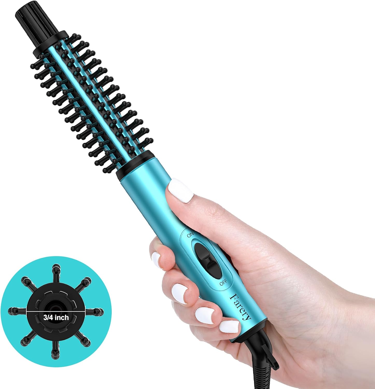 Farery mini thermal brush front view showcasing the blue three quarter inch ceramic barrel