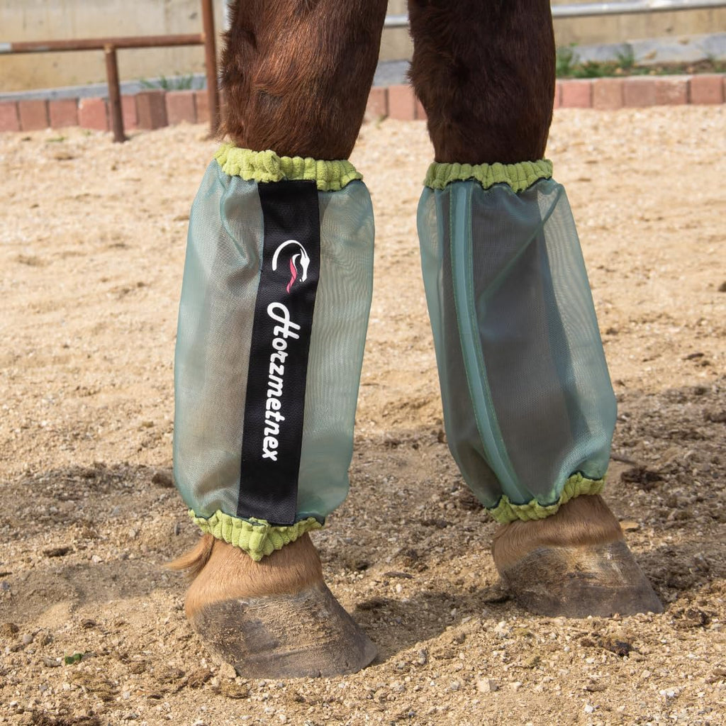 Horzmetnex fine mesh horse fly boots front view on horse legs