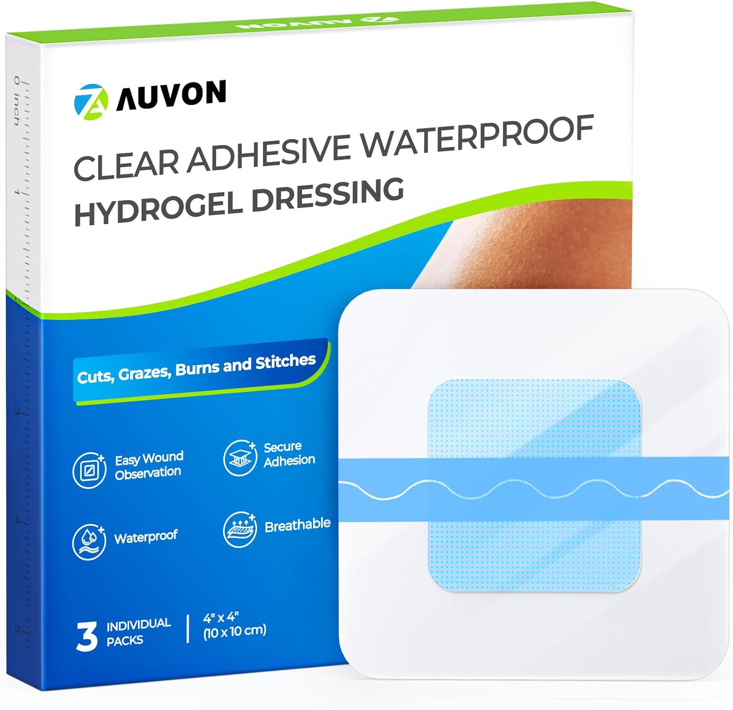 AUVON Hydrogel Burn Dressings front view packaging for first aid.