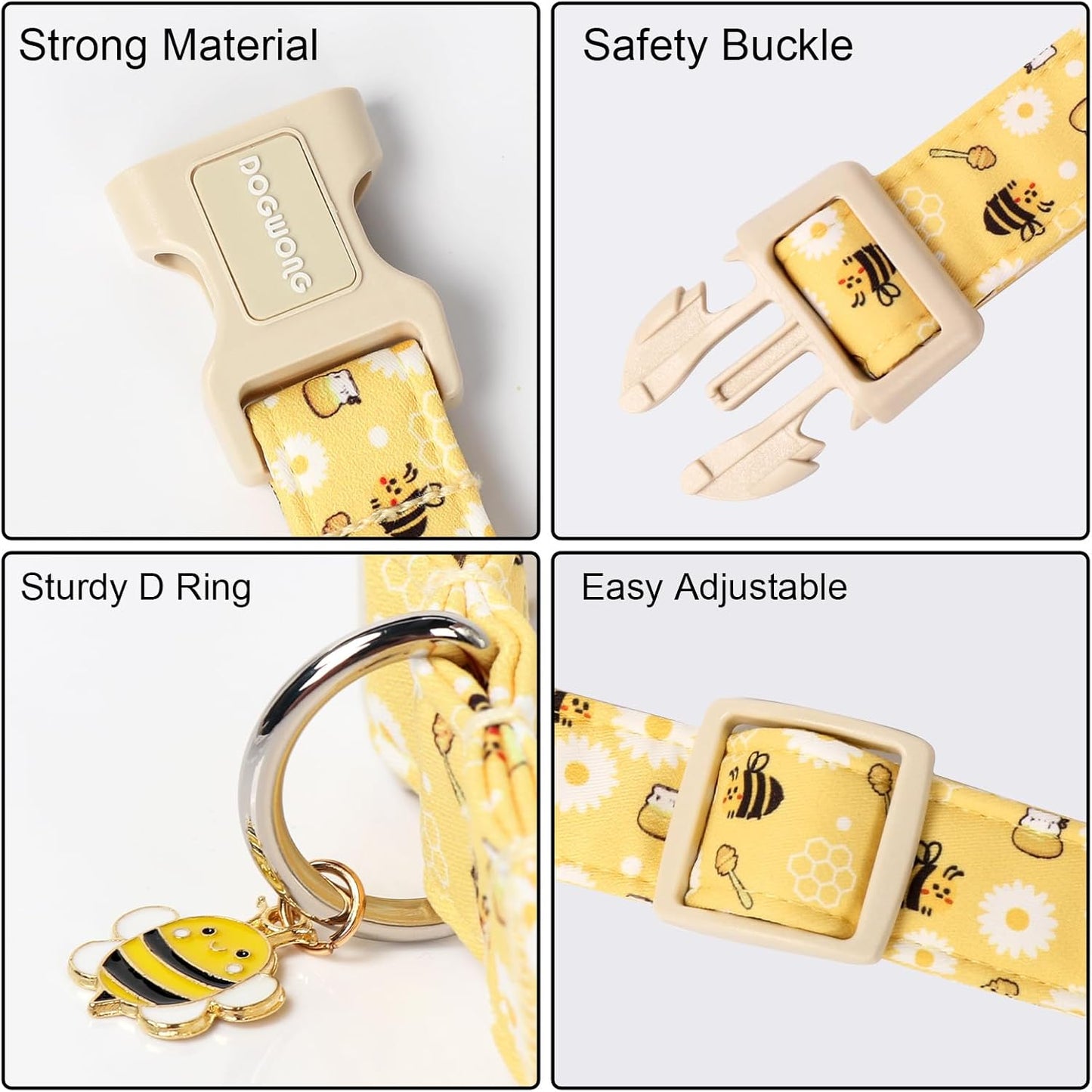 Cute yellow bee dog collar with metal D-ring attachment