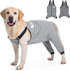 Yeapeeto dog recovery suit front view protecting hind legs after surgery.