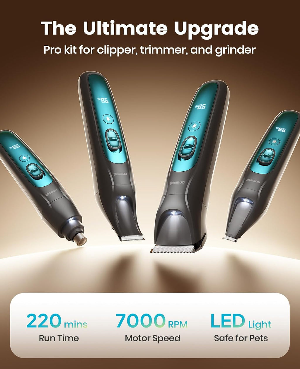 Ergonomic handle design of the low noise dog shaver being held for precision trimming.