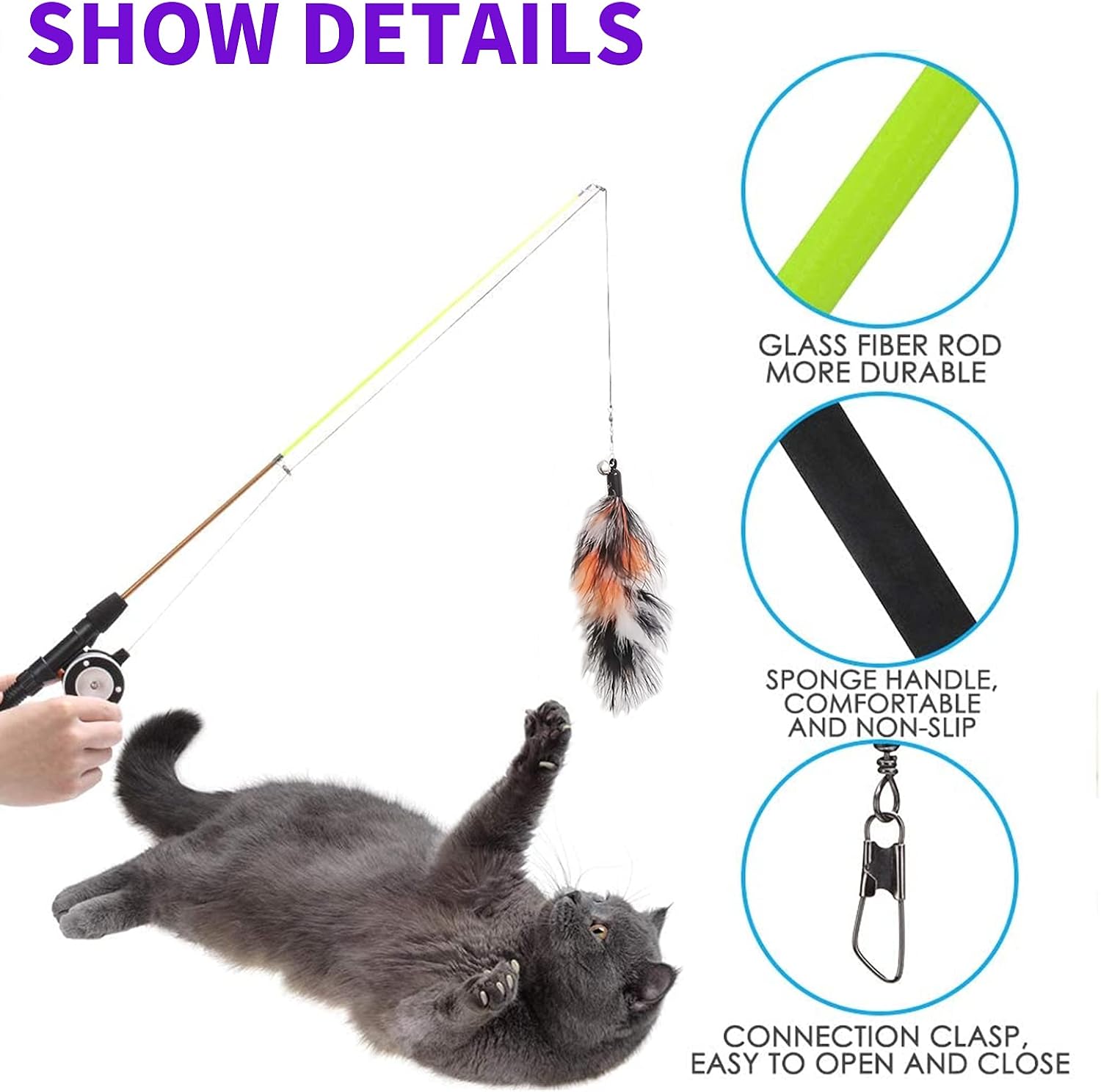 Whefory cat fishing rod toy manual line adjustment reel and non slip sponge handle close up view