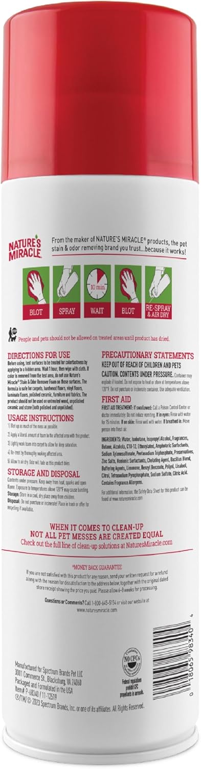 Nature's Miracle dog stain remover foam aerosol can 17.5 ounces