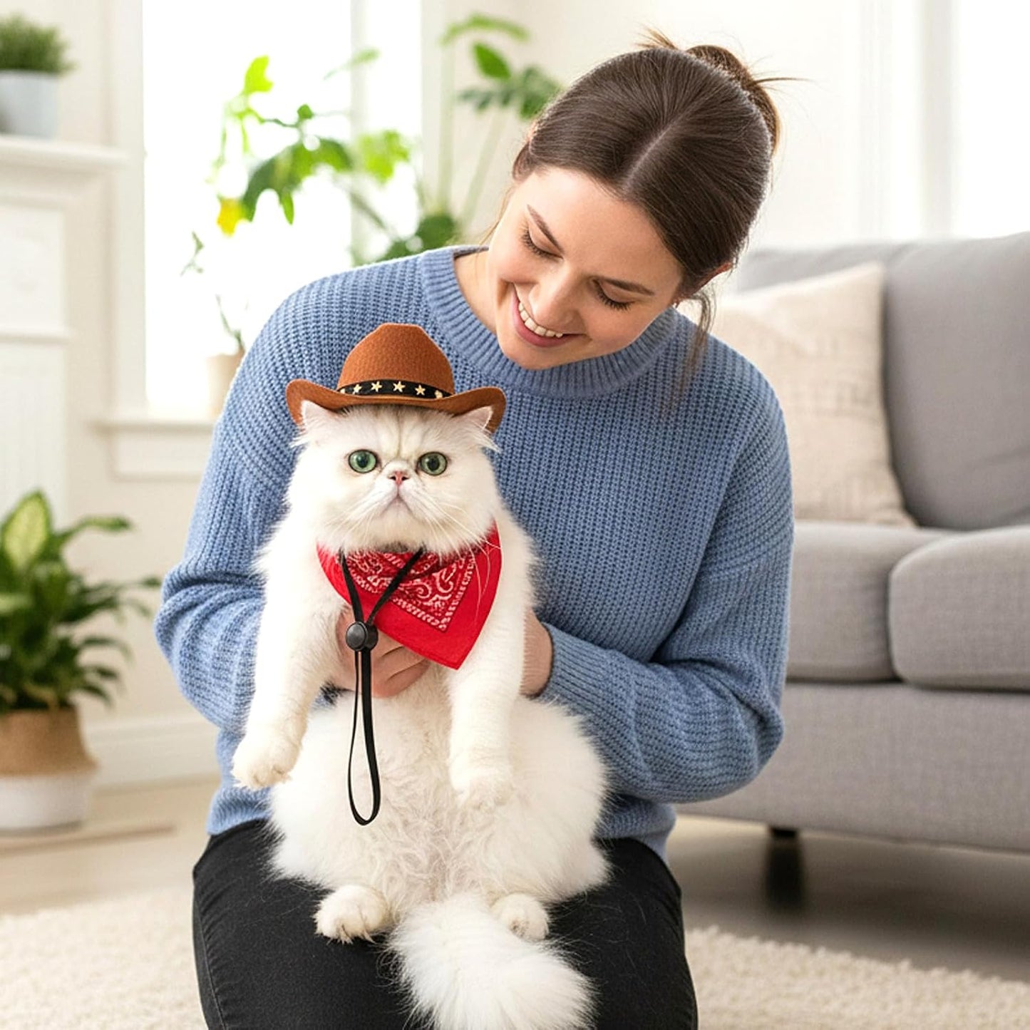Emutol adjustable pet costume showing the chin strap buckle mechanism on the brown felt hat.