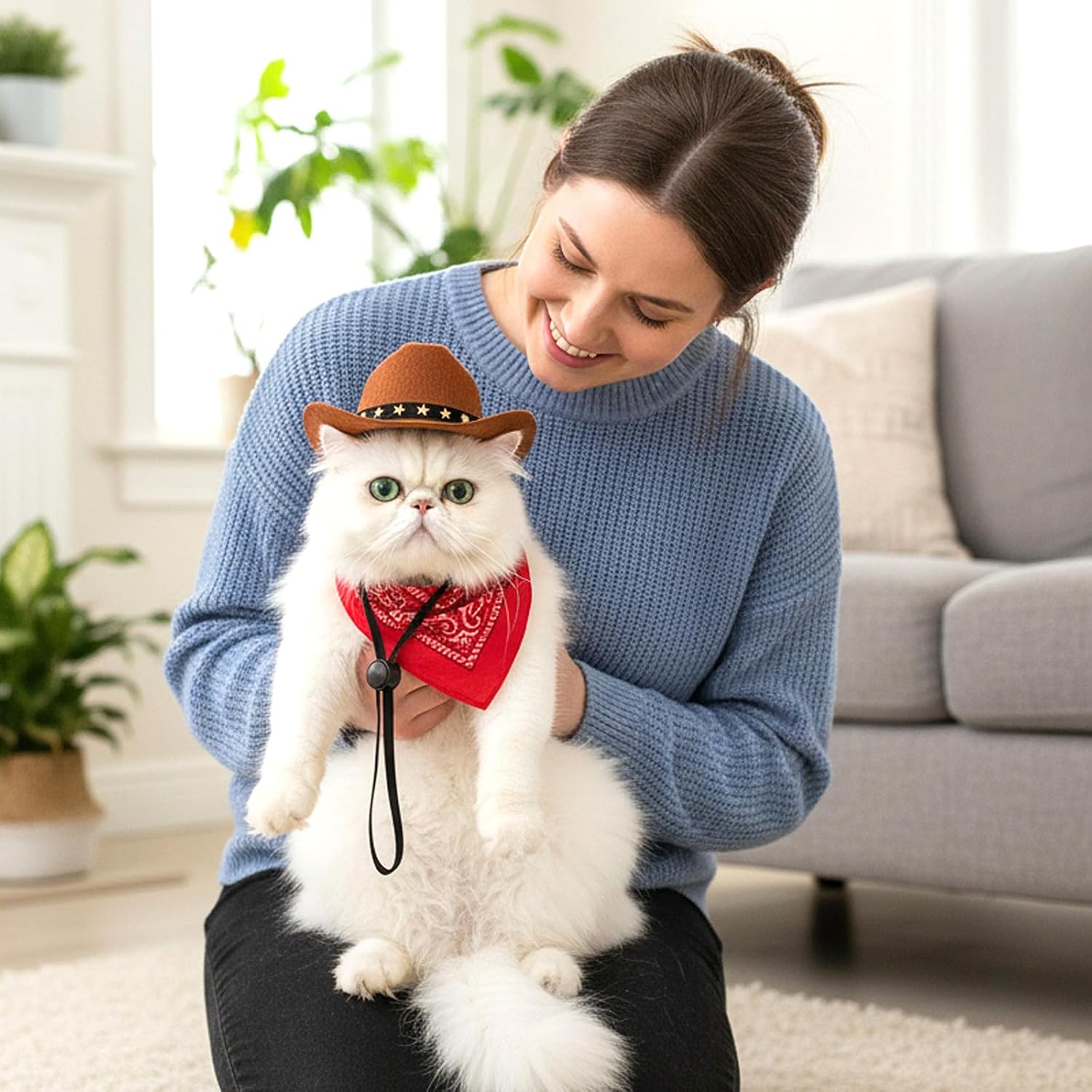 Emutol adjustable pet costume showing the chin strap buckle mechanism on the brown felt hat.