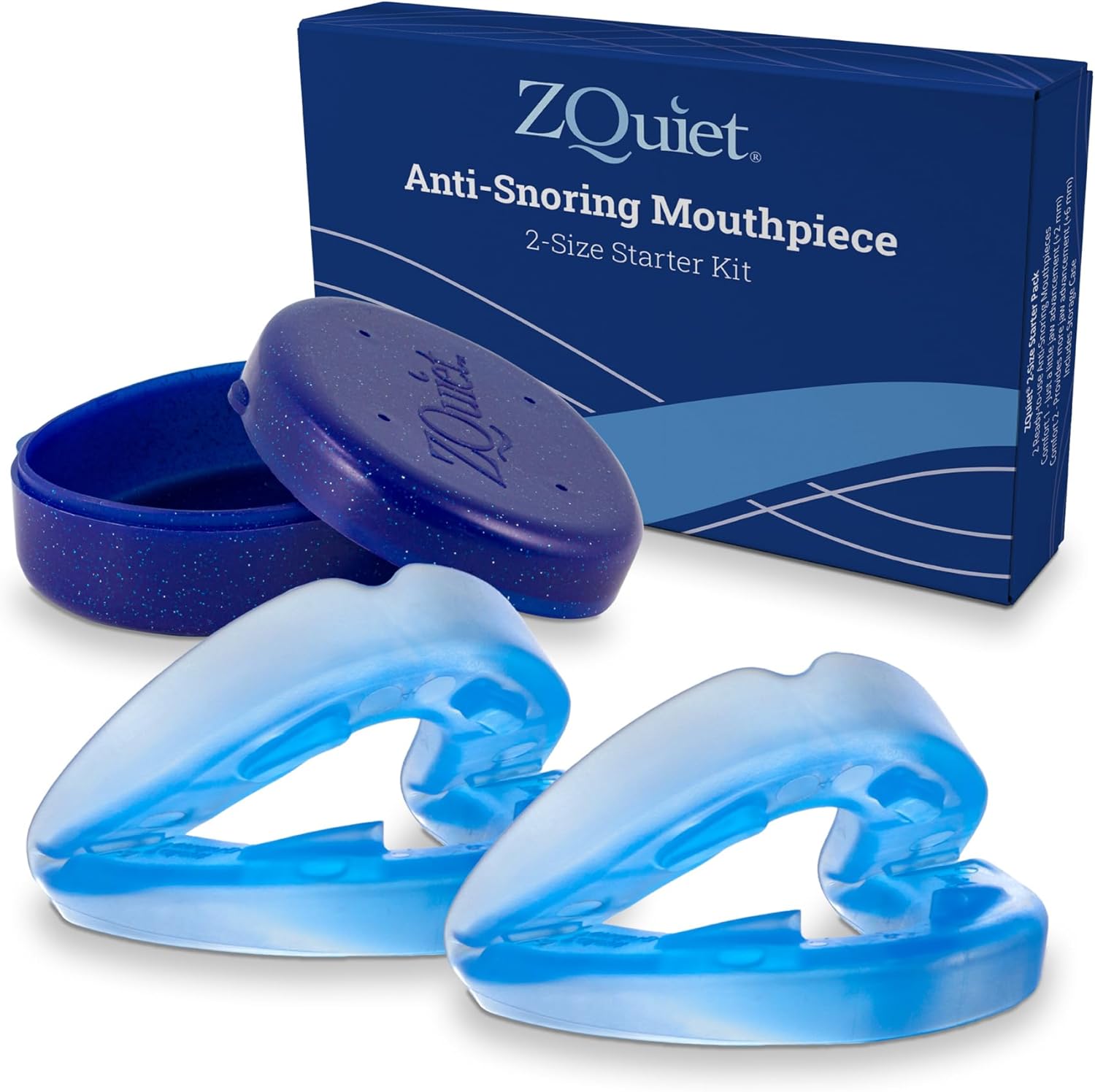 ZQuiet Anti-Snoring Mouthpiece Starter Pack front view with two blue devices and storage case.