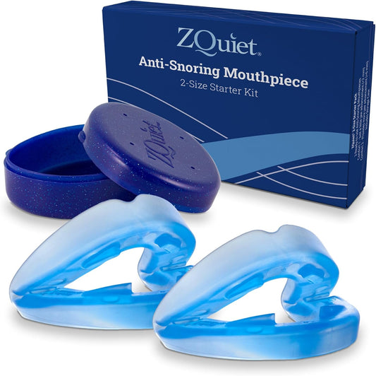 ZQuiet Anti-Snoring Mouthpiece Starter Pack front view with two blue devices and storage case.