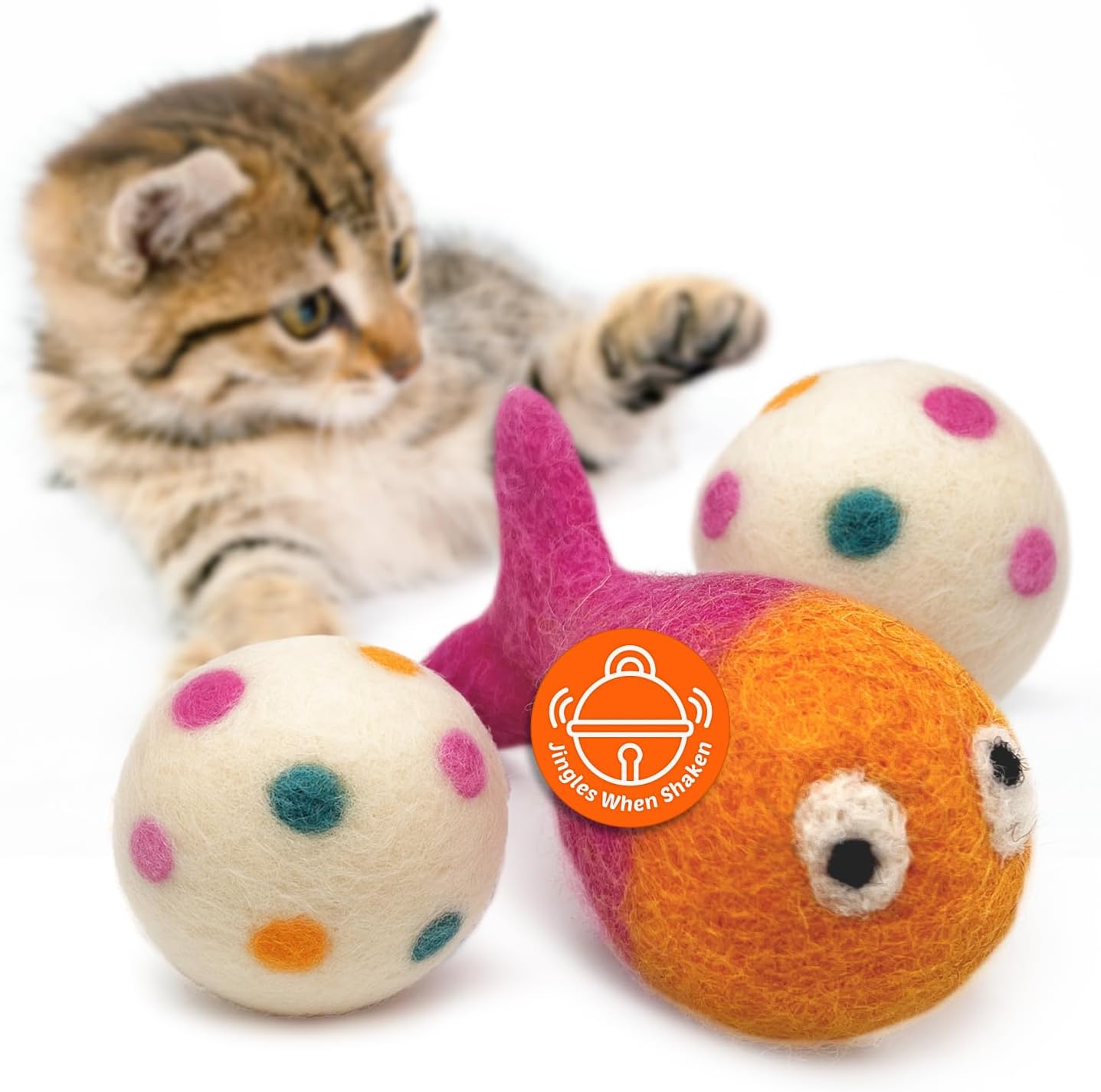 Hustle & Blush Love Ewe Felted Cat Toys 3 Pack - 2 Inch Fish & Bird Hand Made Cute & Fun Design Kitten Wool Felt Balls for Indoor Play & Exercise - 100% New Zealand Handmade Felted Balls - Image 10