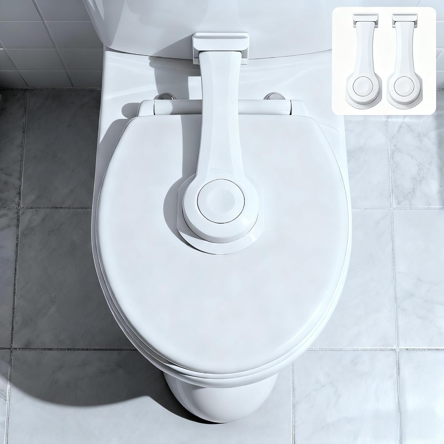Firstblow baby safety toilet seat lock front view installed on a white porcelain bathroom fixture.