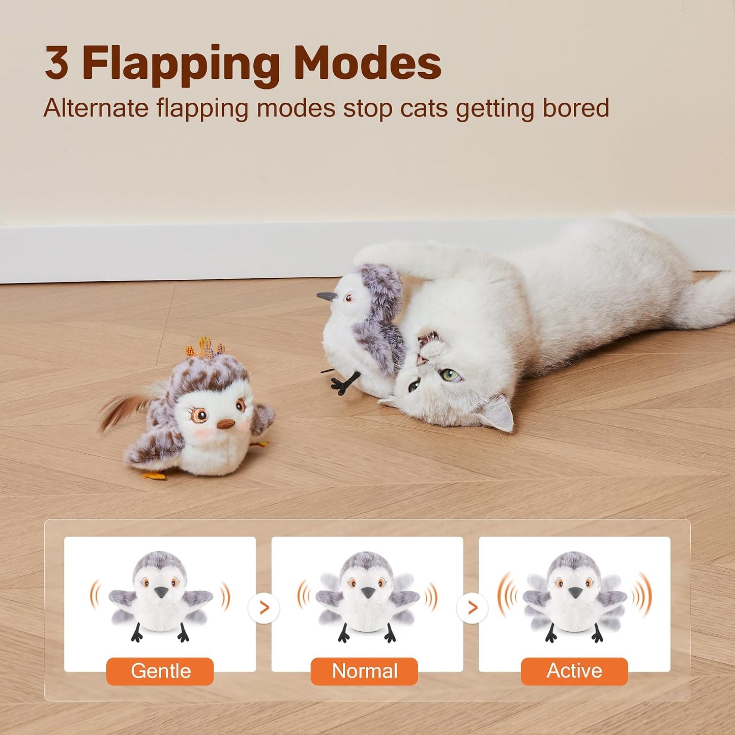 Kitten playing with the motion-activated chirping sandpiper plush toy on the floor.