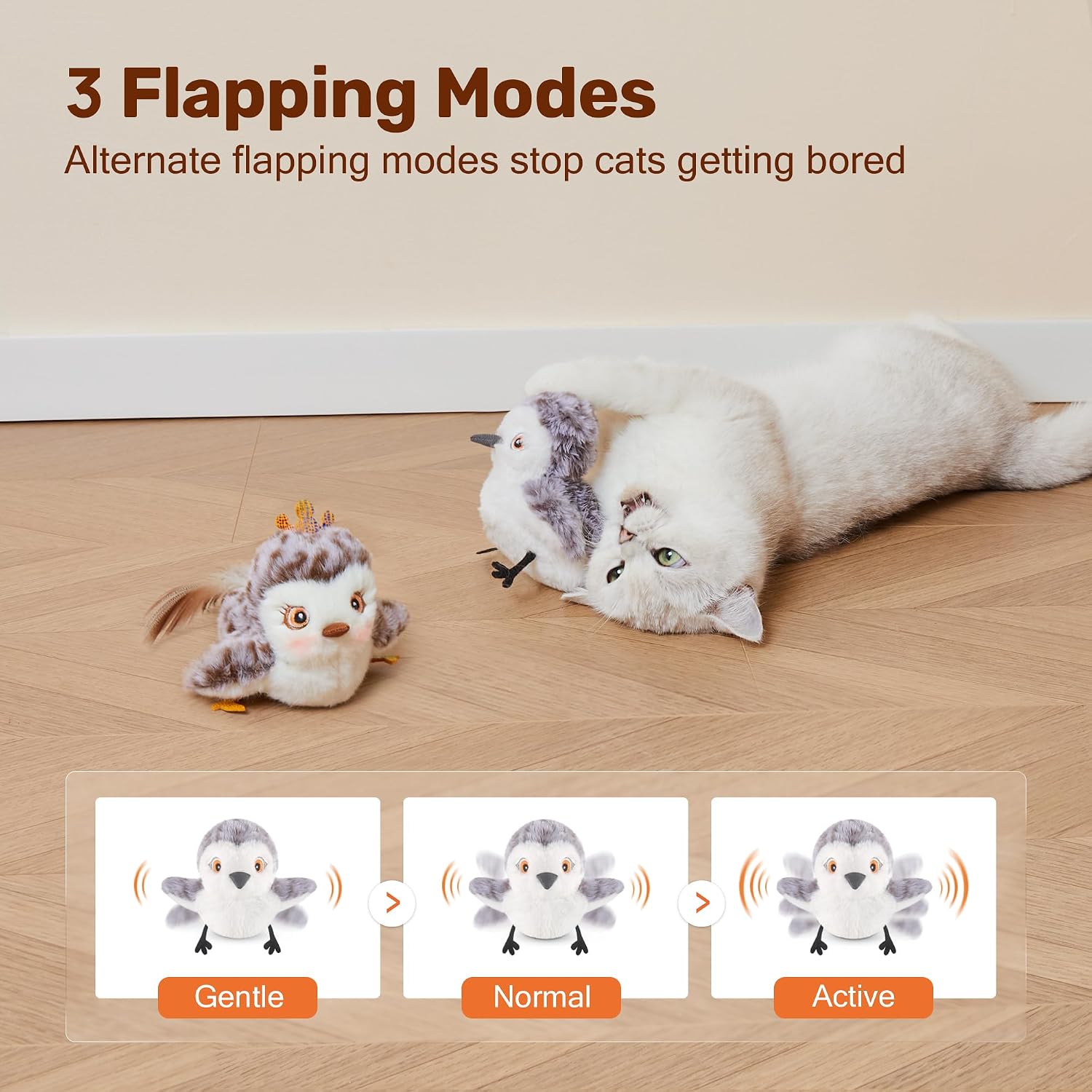 Kitten playing with the motion-activated chirping sandpiper plush toy on the floor.