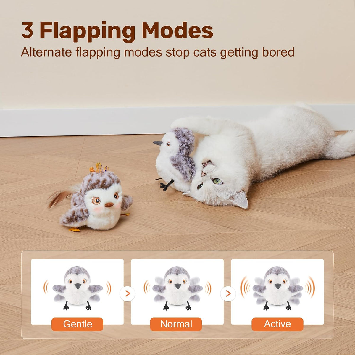 Kitten playing with the motion-activated chirping sandpiper plush toy on the floor.