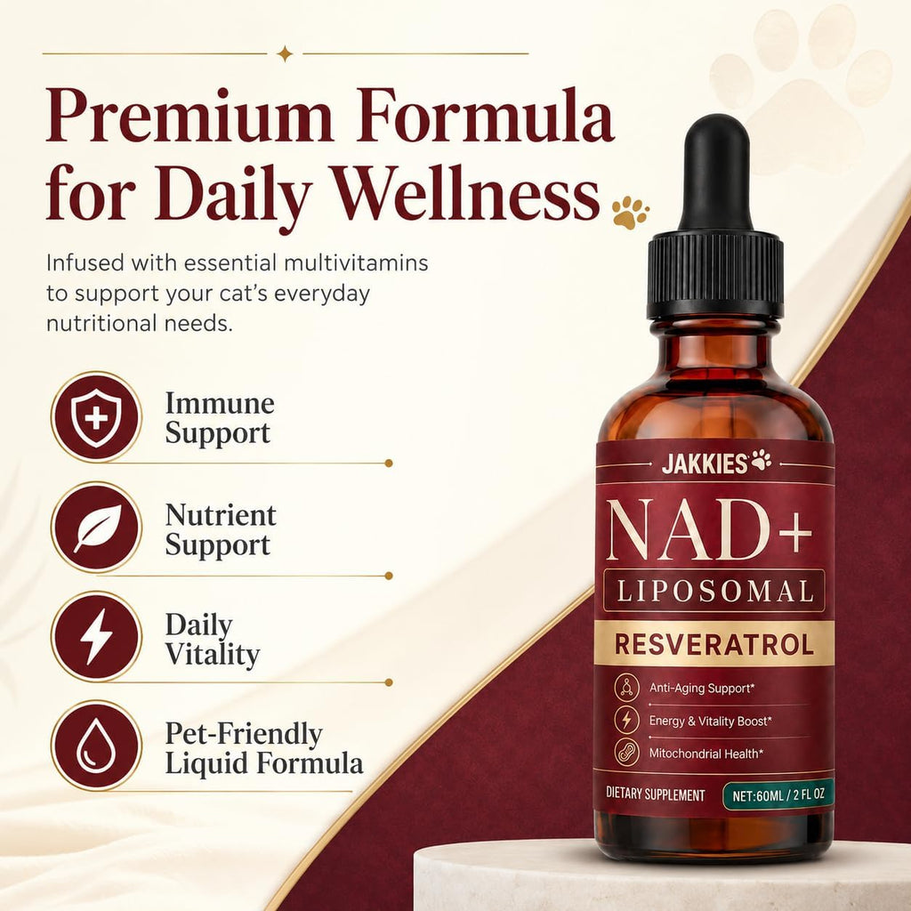 Amber glass bottle of Jakkies cat vitality supplement with the dropper applicator displayed