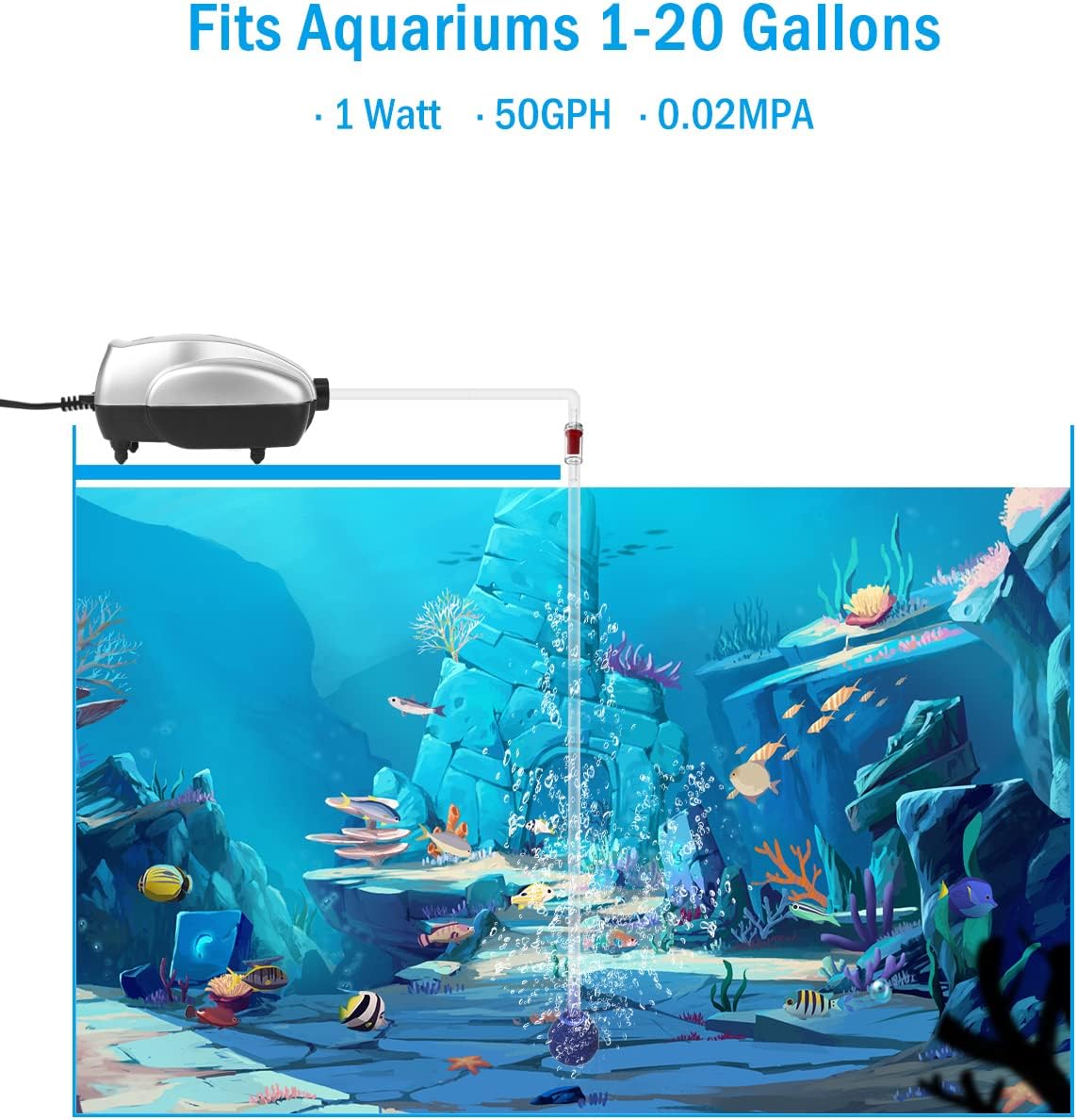 AquaMiracle Aquarium Air Pump Fish Tank Bubbler Aerator, All-in-One Fish Tank Air Pump Kit, Quiet Aquarium Bubbler - Image 3
