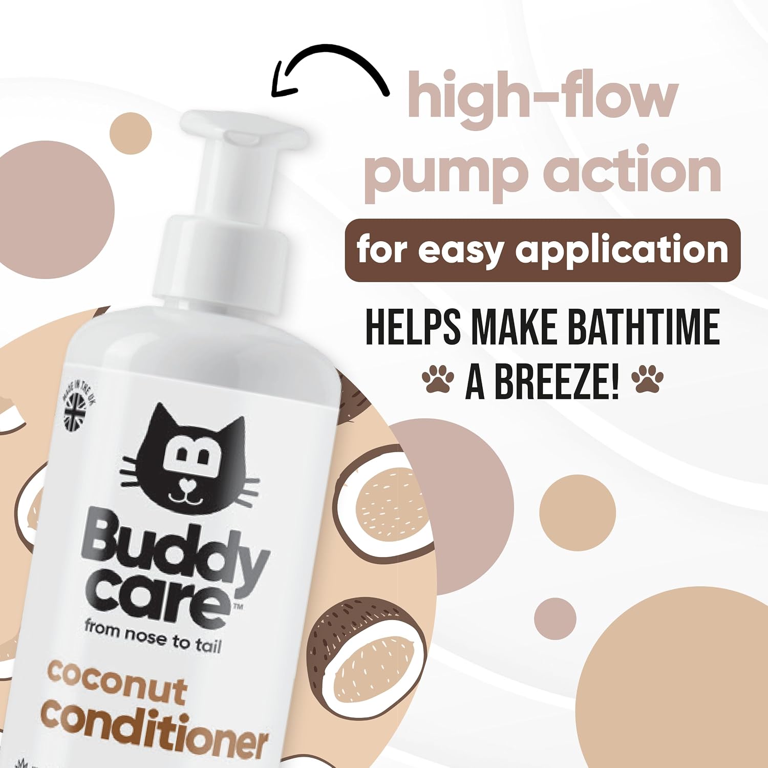 Buddycare coconut scented pet cream container displaying the cruelty free logo.