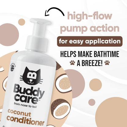 Buddycare coconut scented pet cream container displaying the cruelty free logo.