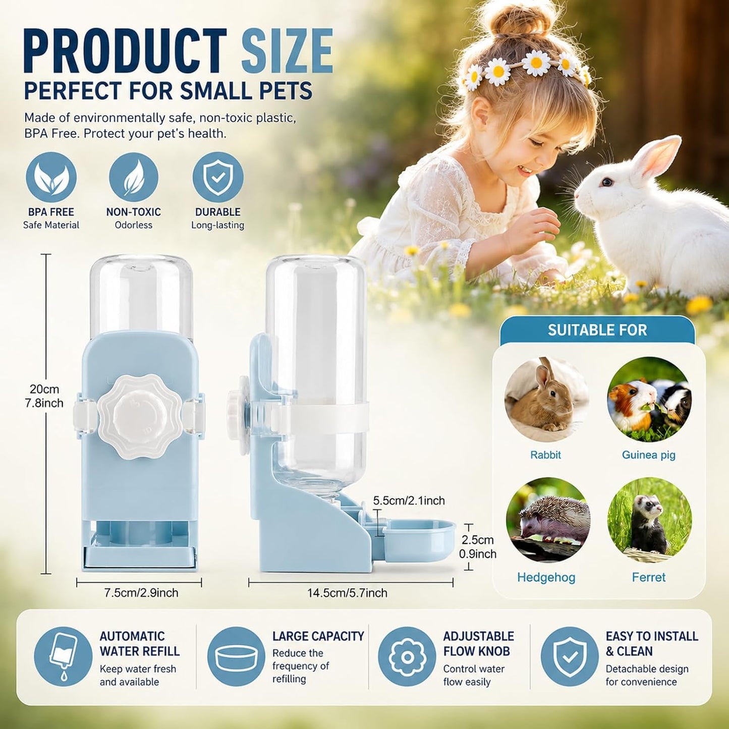 Rypet Rabbit Water Bottle No Drip - 17oz Hanging Water Fountain Automatic Dispenser Pet Cage Water Feeder for Bunny Chinchilla Guinea Pig Hedgehog Ferret Blue - Image 2