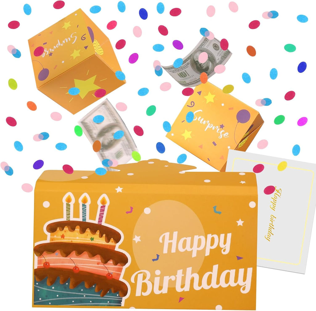 BABORUI pop up birthday card front view showing the decorative surprise box opening with flying confetti cubes.
