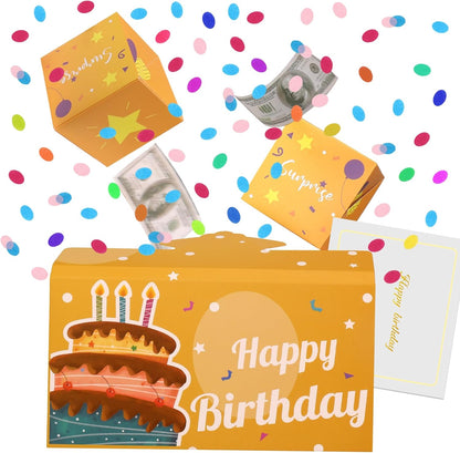 BABORUI pop up birthday card front view showing the decorative surprise box opening with flying confetti cubes.