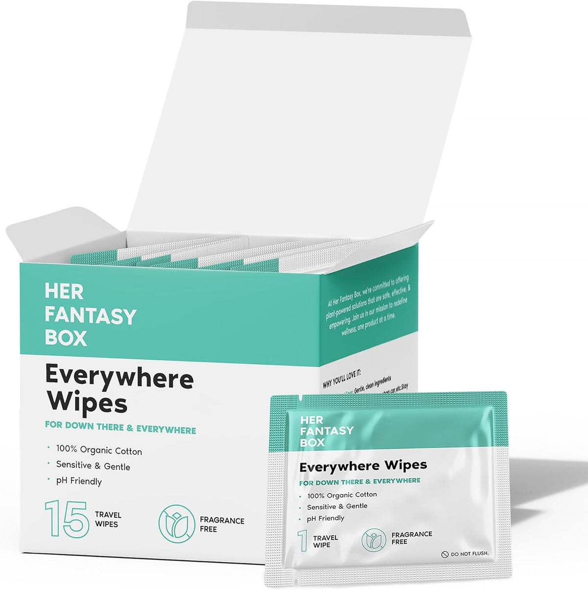 Her Fantasy Box Everywhere Wipes front packaging showing organic cotton label.