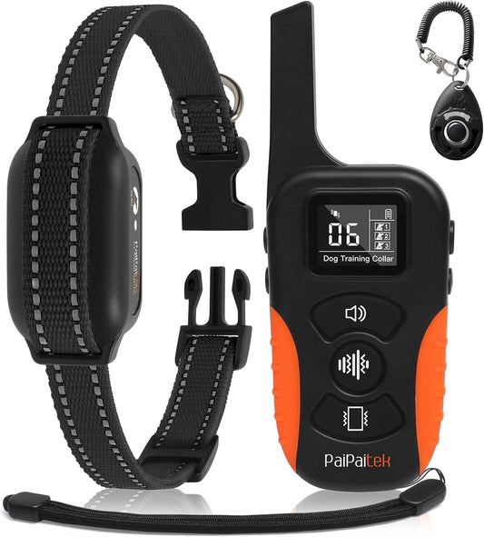 PaiPaitek no shock dog training collar front view showing the remote control and black reflective strap.