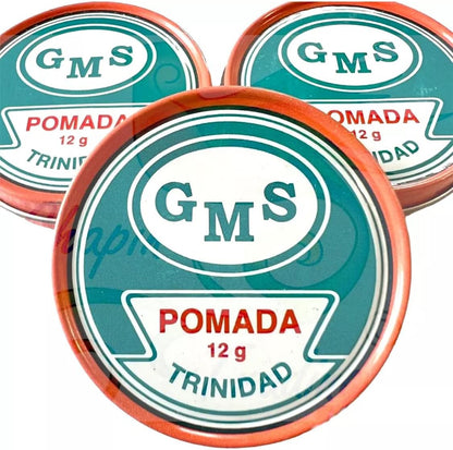 GMS Pomada Trinidad 3 Pack front view of 12 gram metal tins for skin relief.