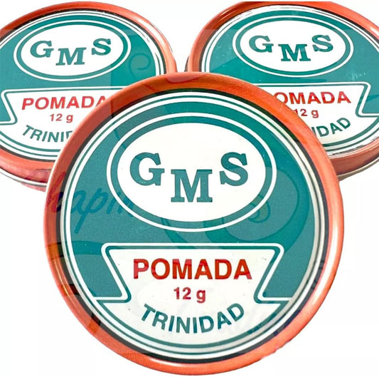 GMS Pomada Trinidad 3 Pack front view of 12 gram metal tins for skin relief.