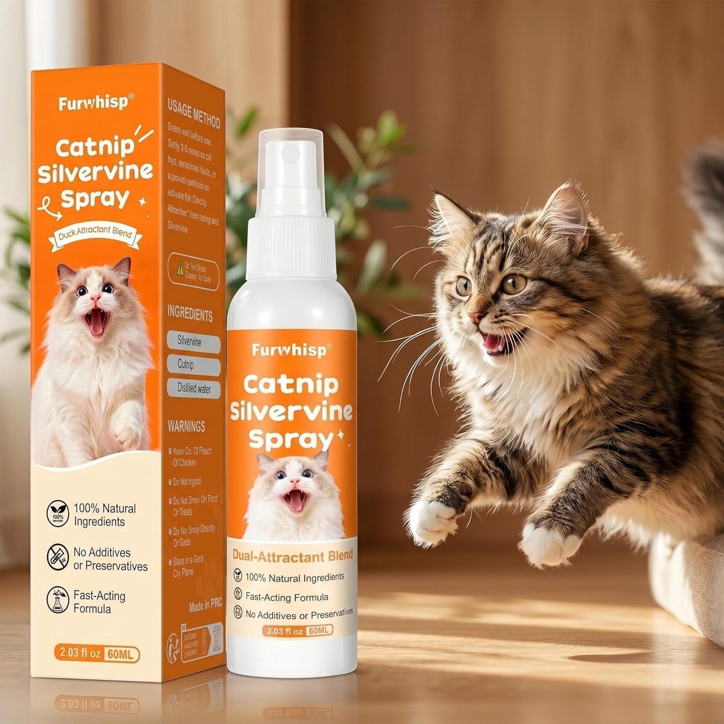 Authentic USA imported Furwhisp double plant power spray packaging showcasing the natural extracts.