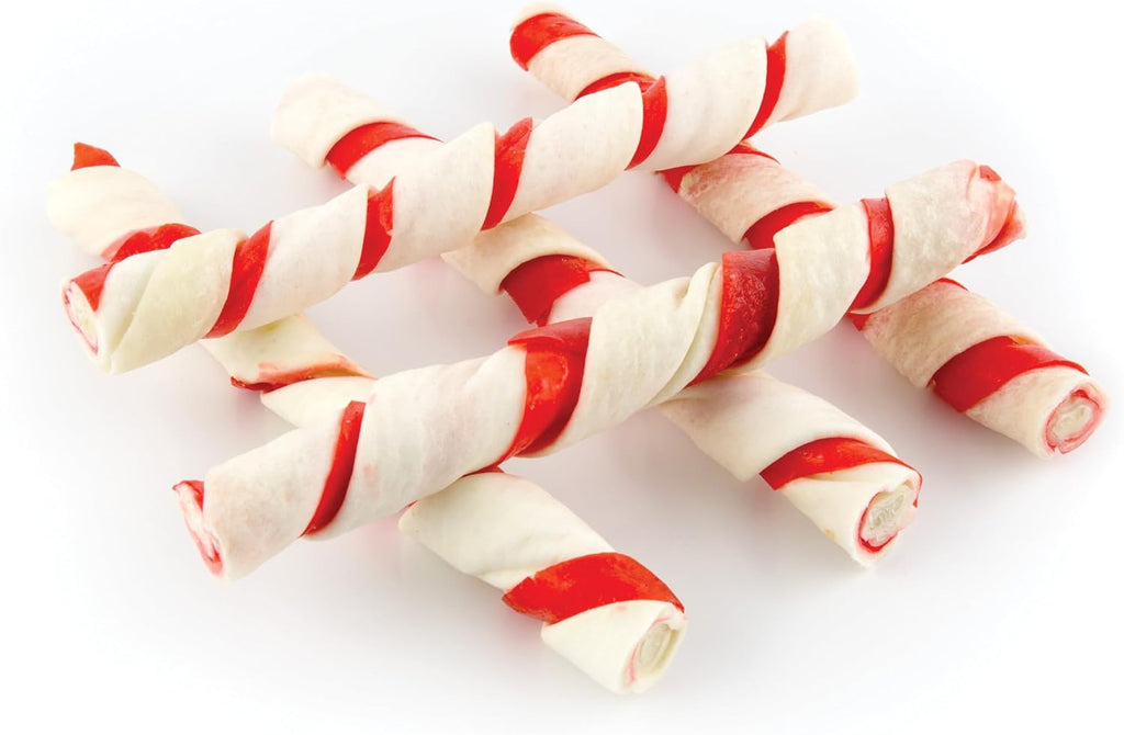 Close up look at Dingo jumbo rawhide sticks wrapped with real chicken flavor for large dogs