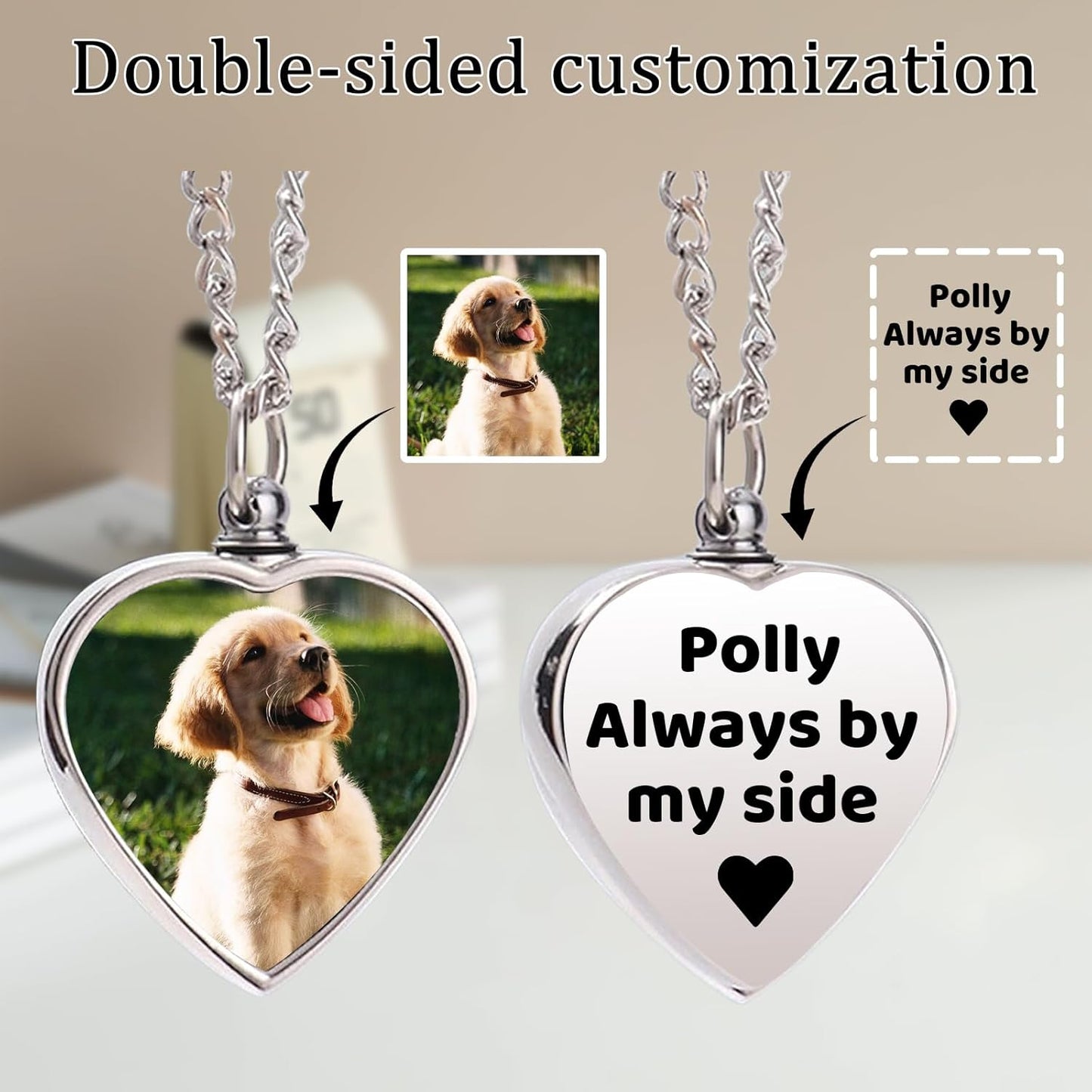 Guoer custom dog cremation jewelry back view illustrating the text engraving option